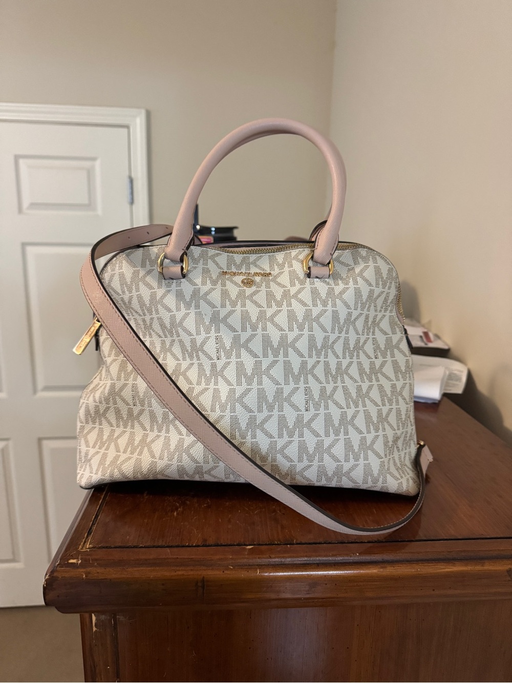 Michael Kors Cream and Pale Pink MK Logo Satchel